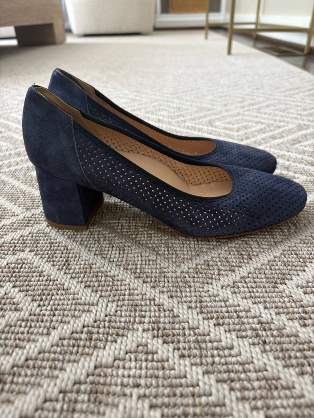 Cordani Navy Suede Perforated Block Heel Pumps